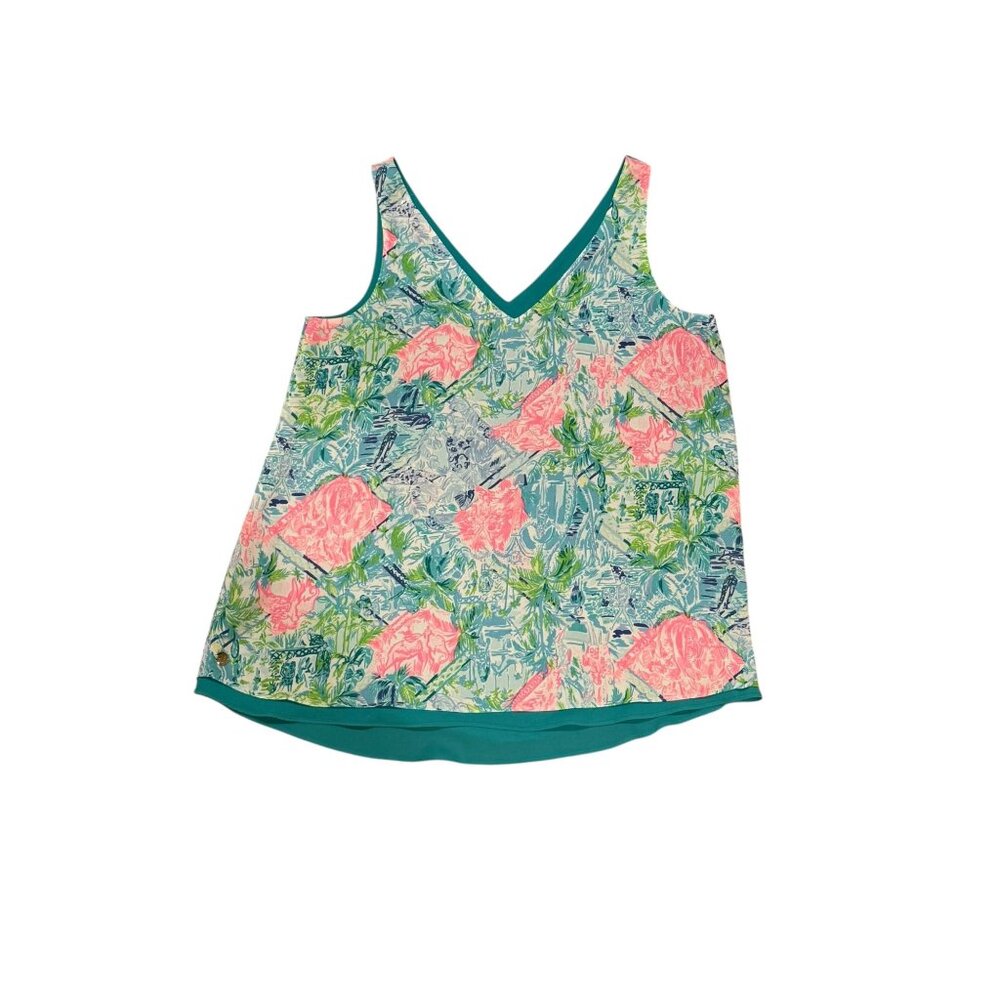 Lilly Pulitzer Reversible V-Neck Tank Top Teal Pink Floral Palm Print Sleeveless